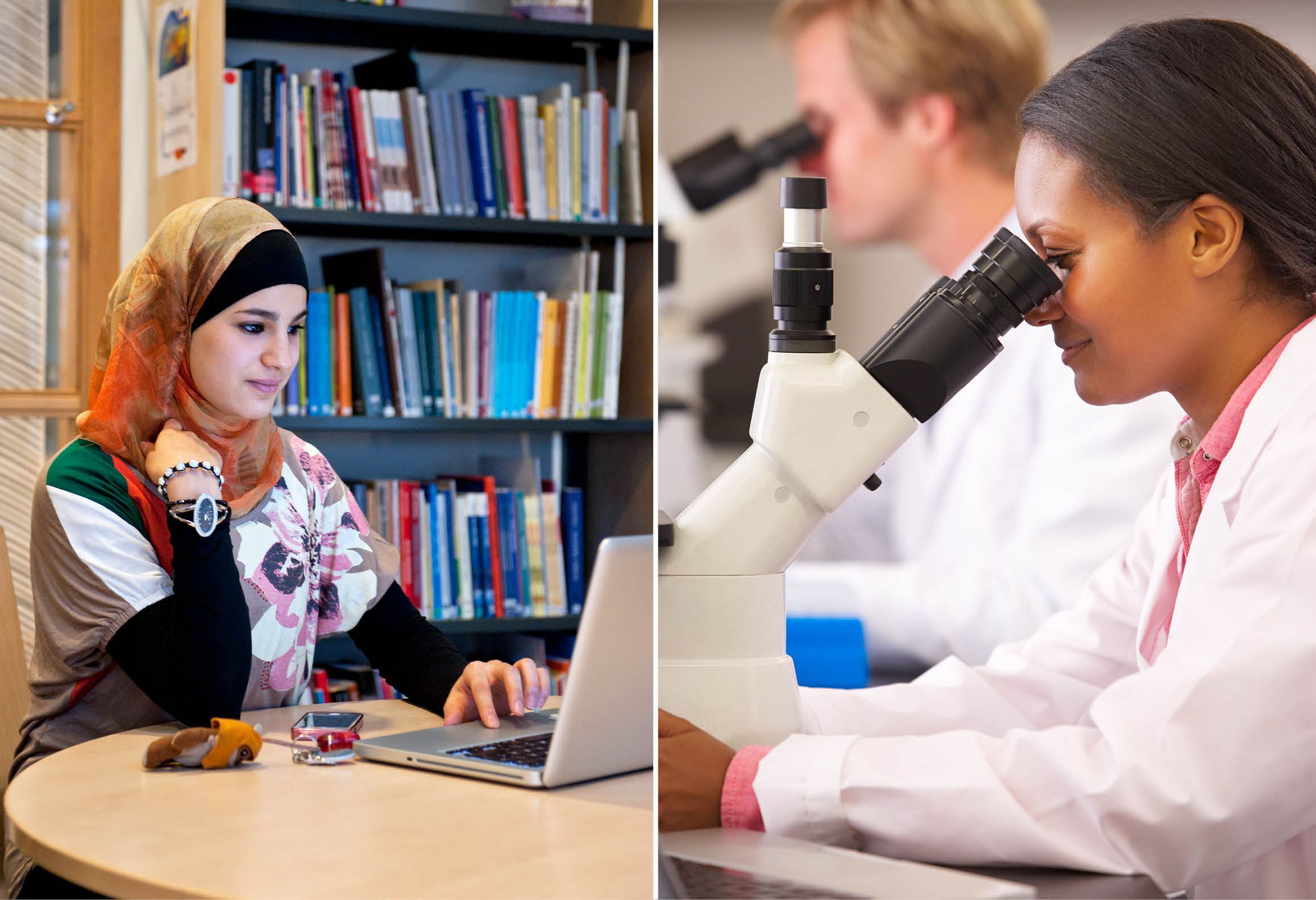 Elev som studerar samt elev som använder mikroskop