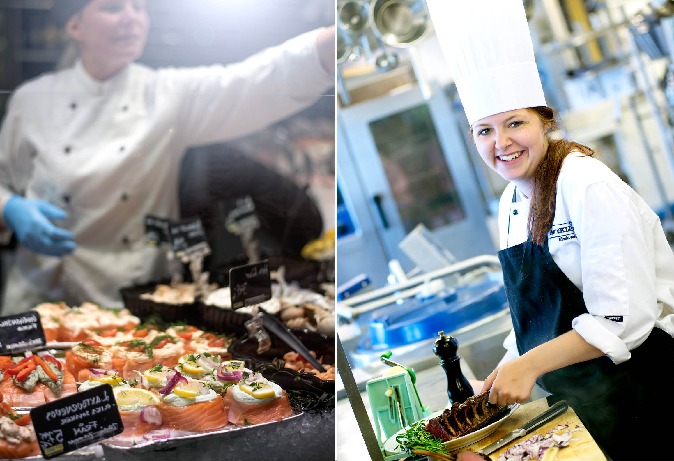 Vänster bild visar butikssäljare vid charkdisk. Höger bild visar kock som lagar mat i restaurangkök